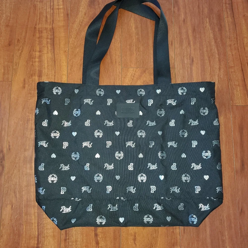 PINK VICTORIA'S SECRET WEEKENDER BAG TOTE BLACK AND SILVER. - Picture 1 of 6